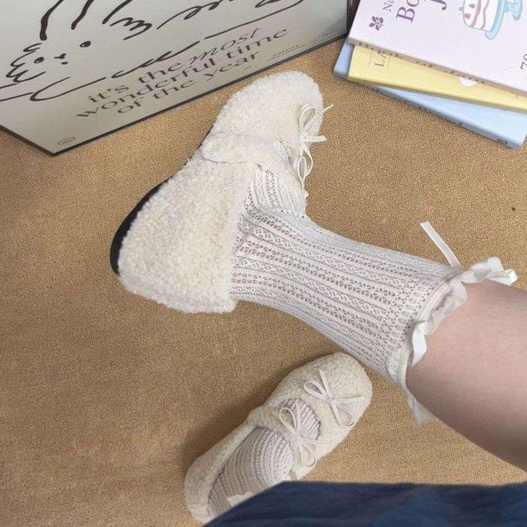 Small inner height increase 5cm fluffy shoes women's 2025 new autumn Mary Jane bow velvet beanie shoes