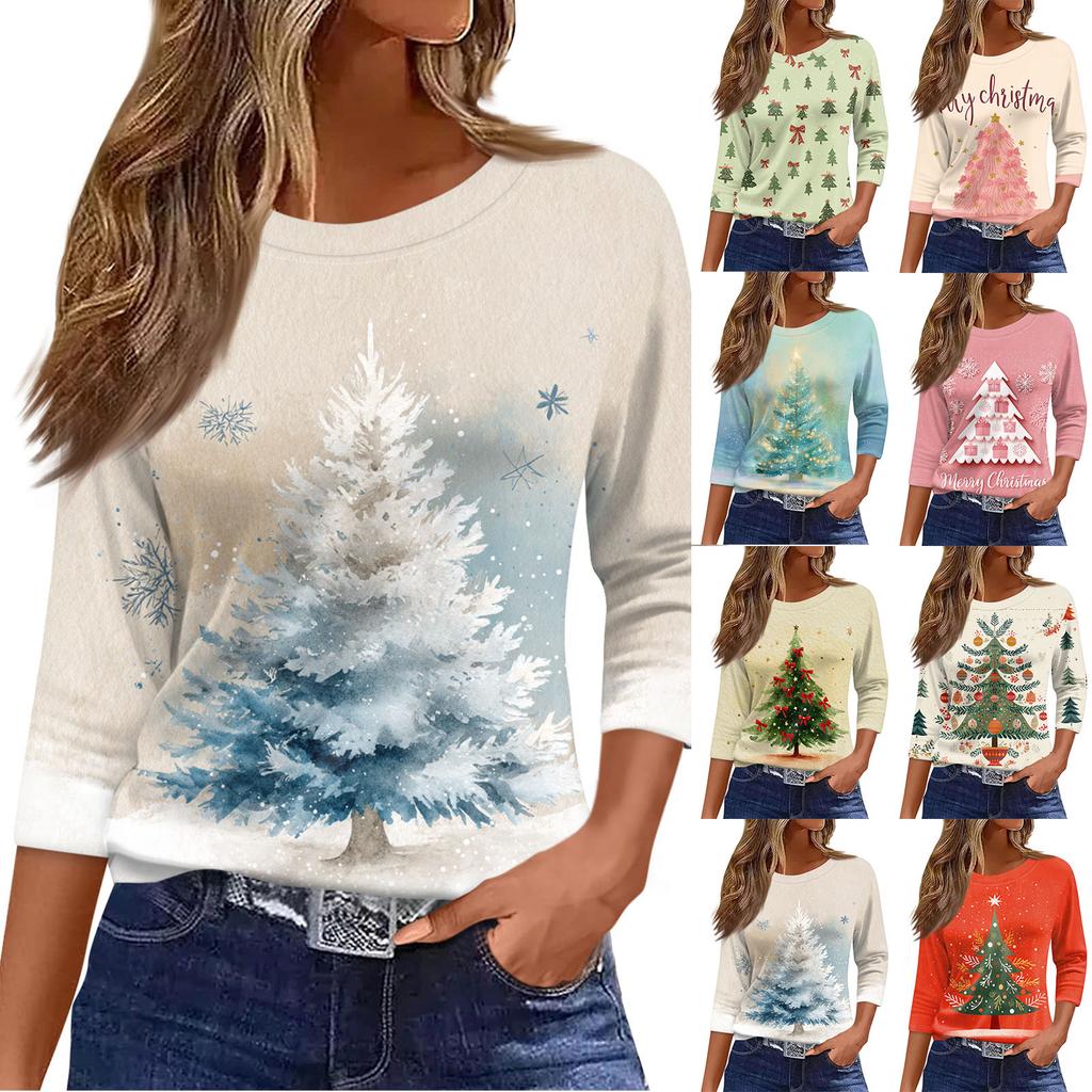 Women's O-Neck 3/4 Sleeve Christmas Print Top