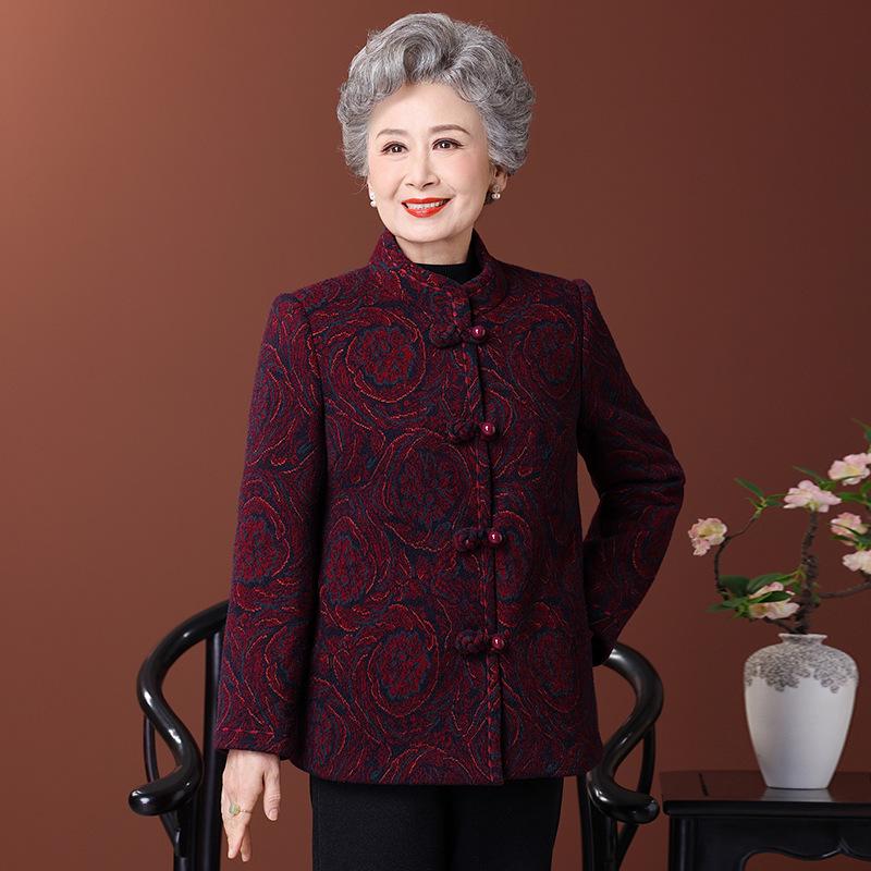 Elderly Women's Velvet Wool Coat: Thickened Winter Tang Suit