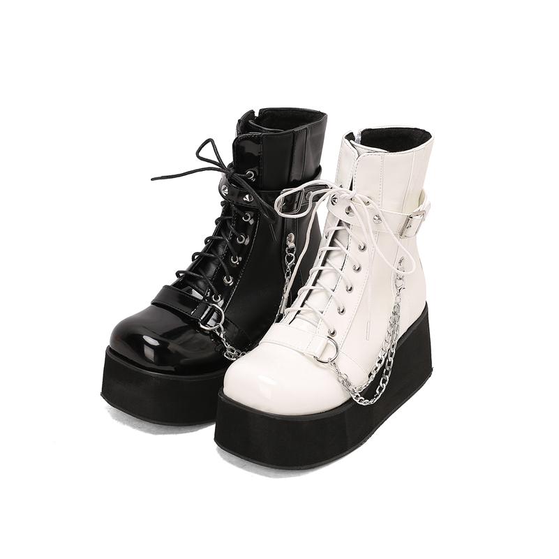 Women Ankle Boots Round Toe Wedge High Heels Rivets Chain Zipper Lace-up Short Boots Ladies Fashion Shoes Autumn Winter 46