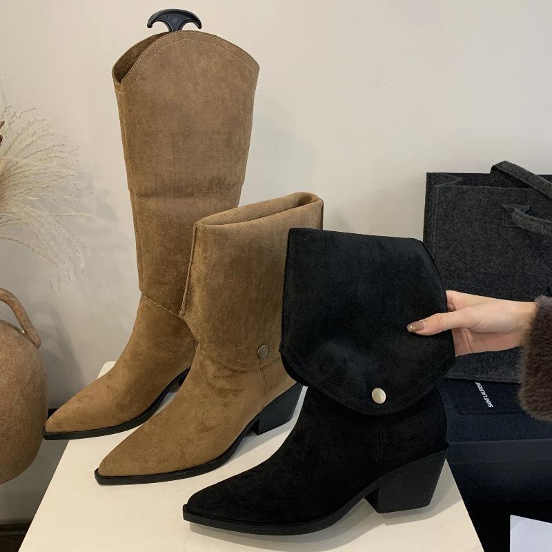 Fashion Retro Style Fold Button Women Knee-High Boots Fashion Pointed Toe Square Heels Casual Ladies Shoes Zapatos De Mujer