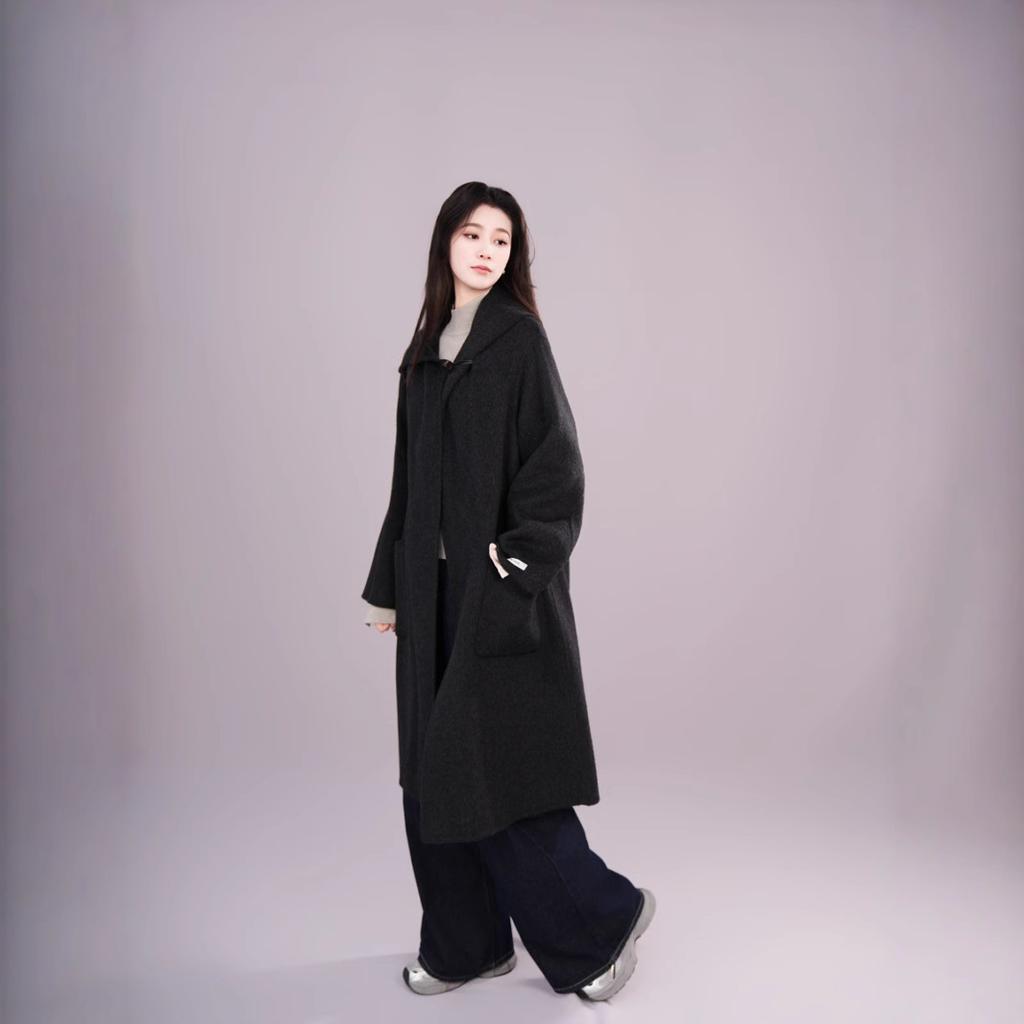 Light luxury celebrity fashion sense loose hooded double-sided nylon wool double-sided solid color 3016