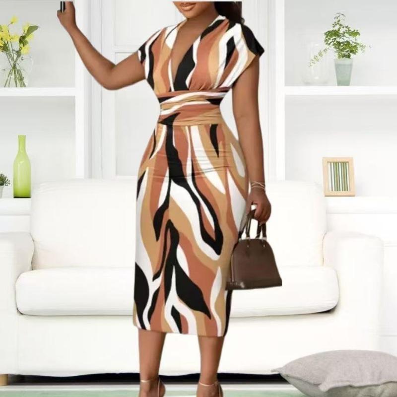 Sommer Neu Bedrucktes V-Ausschnitt Lässiges Sexy Langes Kleid Damen Hohe Taille Schlanke Passform Elegante Kleider Damen Vintage Gestreiftes Büro Damen Party Club Kleid 26270