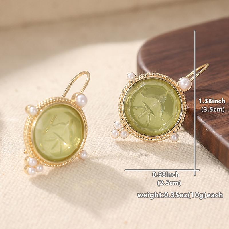 Retro Okrągłe Drukowane Kolczyki wiszące z syntetycznym szmaragdem dla Kobiet Eleganckie Wykwintne Kolczyki wiszące z imitacją perły Biżuteria Prezenty