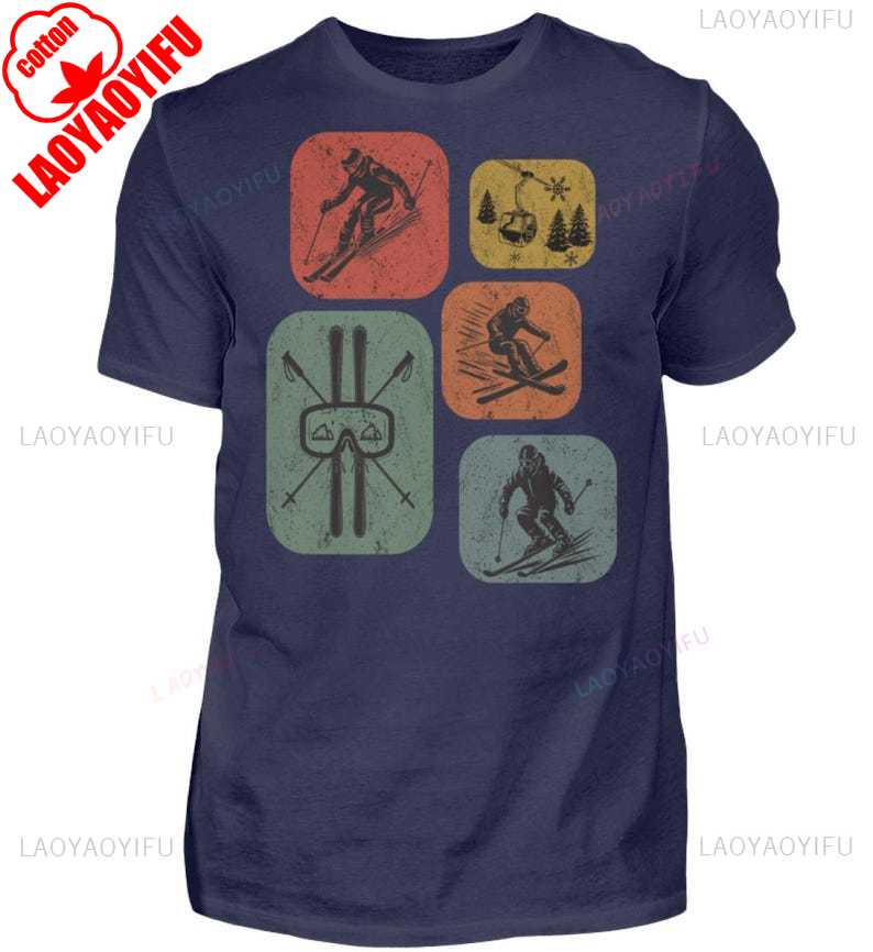 Ski Retro Style Unisexs Shirt Gift for Ski Fans Casual Style Tops Oneck Ropa Hombre Regular Short Sleeve High Quality Cotton TEE