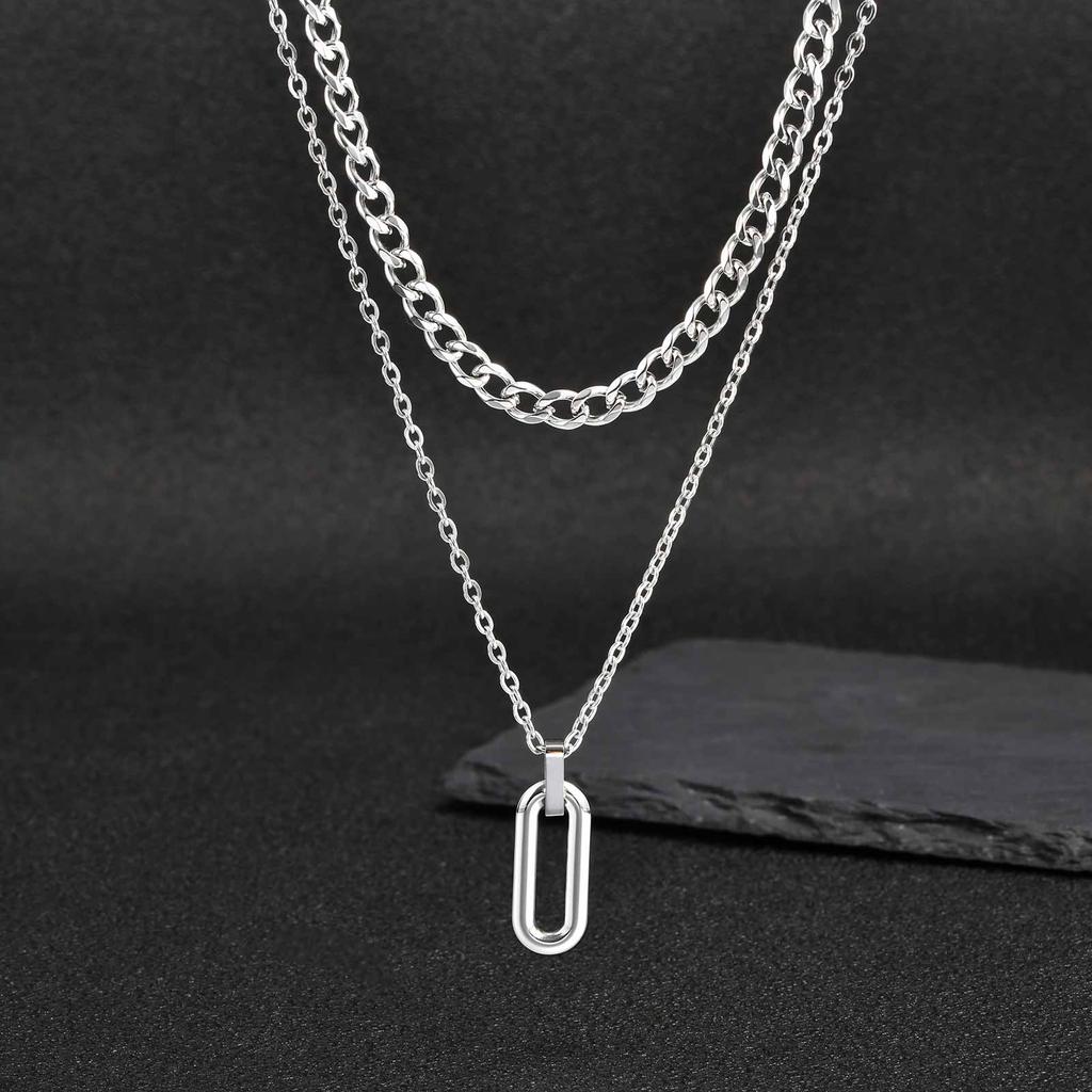 Stylish Geometry Layering Necklaces for Men Women,Silver Color Stainless Steel Rectangle Pendant Neacklace,Birthday Patry Gift