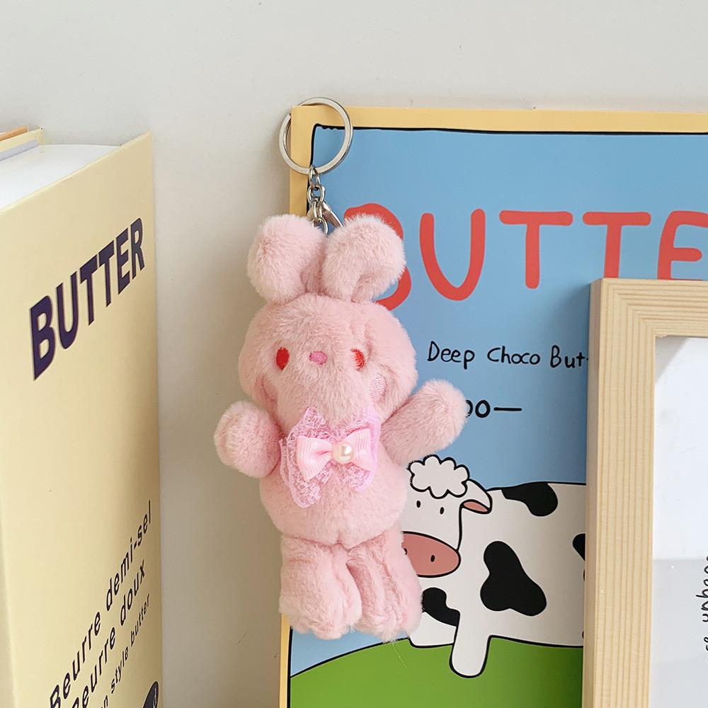 Adorable Bunny Plush Keychain Cute Bowknot Rabbit Stuffed Toy In Pink And Green