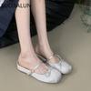 Fashion SUOJIALUN 2025 Spring New Women Flat Slipper Fashion Round Toe Slip On Mules Shoes Low Wedge Heel Outdoor Dress Sandal Slides Sh