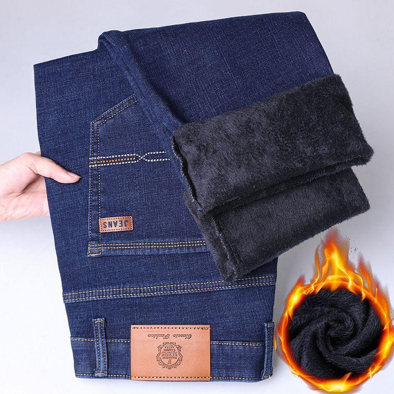 Premium Light Luxury Classic Fleece-Lined Denim Trousers for Men Autumn/Winter Stretch Business Casual Middle-Aged Warm Thick Straight-Leg Trousers