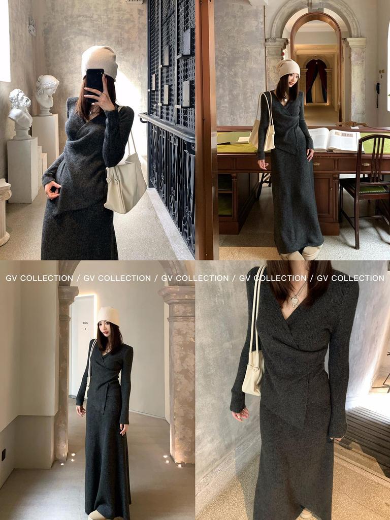 Elegant French Style Irregular Sweater Skirt Set for Women - Autumn/Winter Waist-Cinching Three-Piece Ensemble