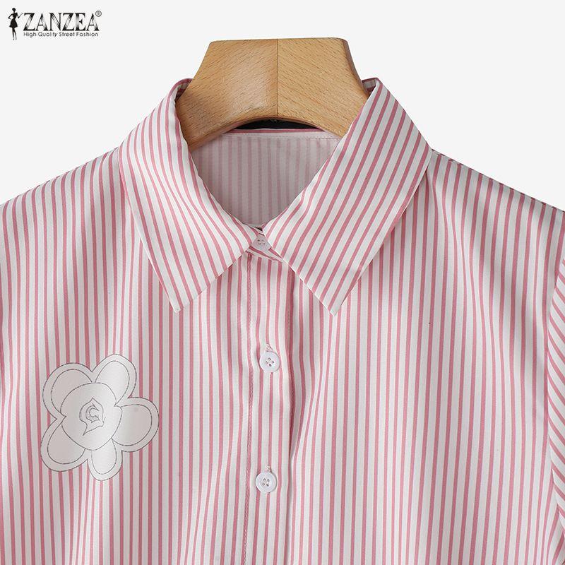 ZANZEA Women Casual Turn Down Collar Short Sleeve Stripe Blouse