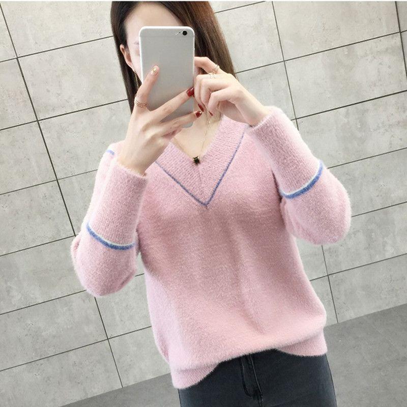 

Женский свитер с V-образным вырезом на осень и зиму, мягкий и свободный, на основе трикотажного полотна, можно носить на улице. XL розовый