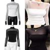 Womens Long Sleeve Basic T Shirt With Sheer Panel And High Neck For Casual Wear