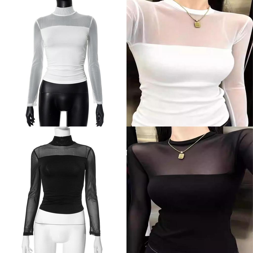 Womens Long Sleeve Basic T Shirt With Sheer Panel And High Neck For Casual Wear
