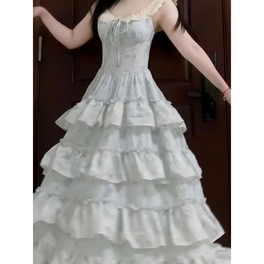 

Нежное и милое платье цвета розовой пудры с цветочным принтом и короткими рукавами-крылышками, красивое и уникальное по темпераменту, с завышенной талией и длинной юбкой А-силуэта XL- (recommended 110-60kg) синий