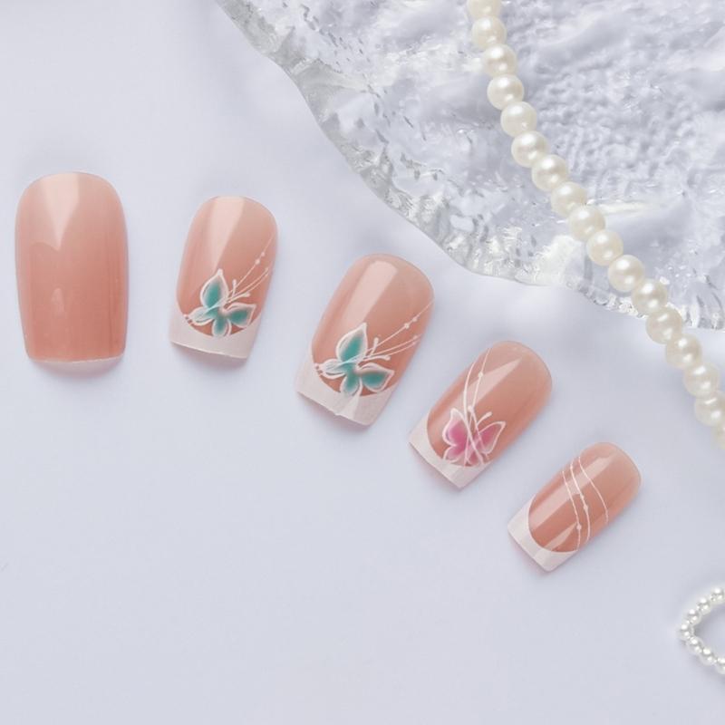 Packung mit 24 französischen Schmetterling Nagelkunstspitzen künstliche Nägel elegantes Design für sofortige Anwendung Naturweiß-Effekt