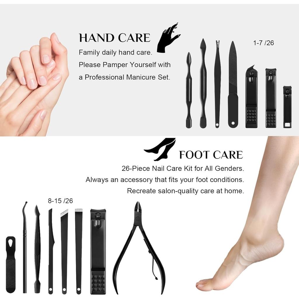 Nail Clippers Set, 26 Piece Manicure Set & Pedicure Kit, Stainless Steel Fingernail & Toenail Clipper Cutters, Professional Nail Care Tools