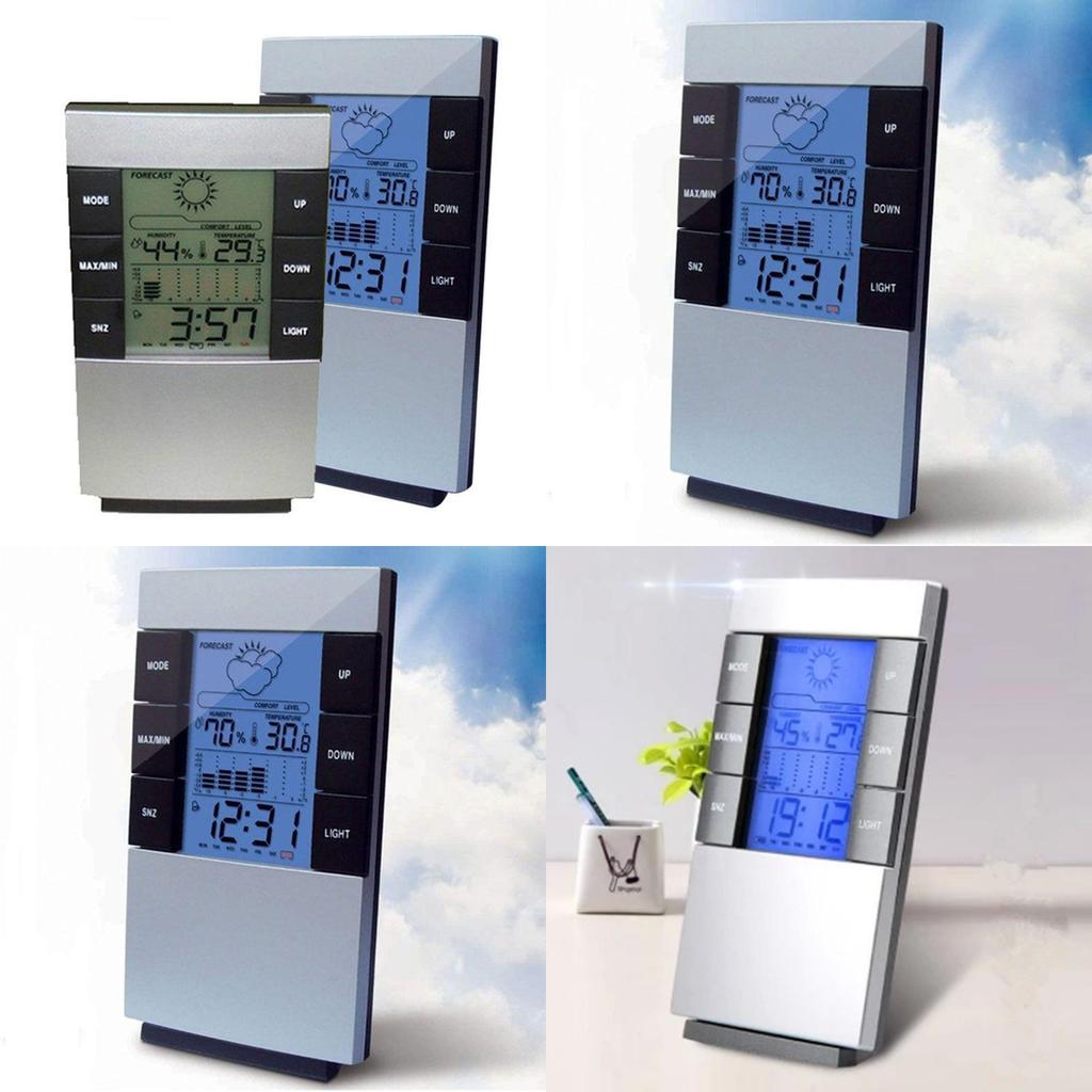 Igrometro Termometro Digitale LCD Misuratore di Umidità Previsioni Meteo Orologio Sveglia Con Calibrazione Automatica e Display Retroilluminato Blu
