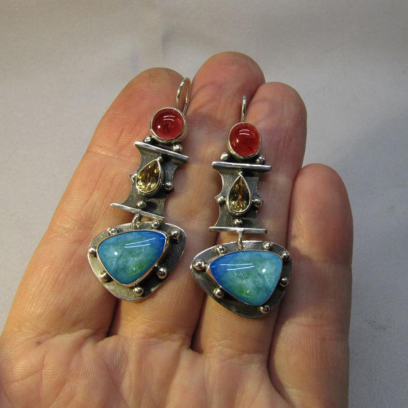 2022 Neue Vintage Orange Blaue Stein Statement Anhänger Ohrringe Damen Party Verlobung Personalisierter Schmuck