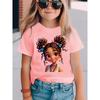 Girls' Short-Sleeve T-Shirt Double Ponytail Girl Cartoon Print Summer Fashion Casual Top with Earrings