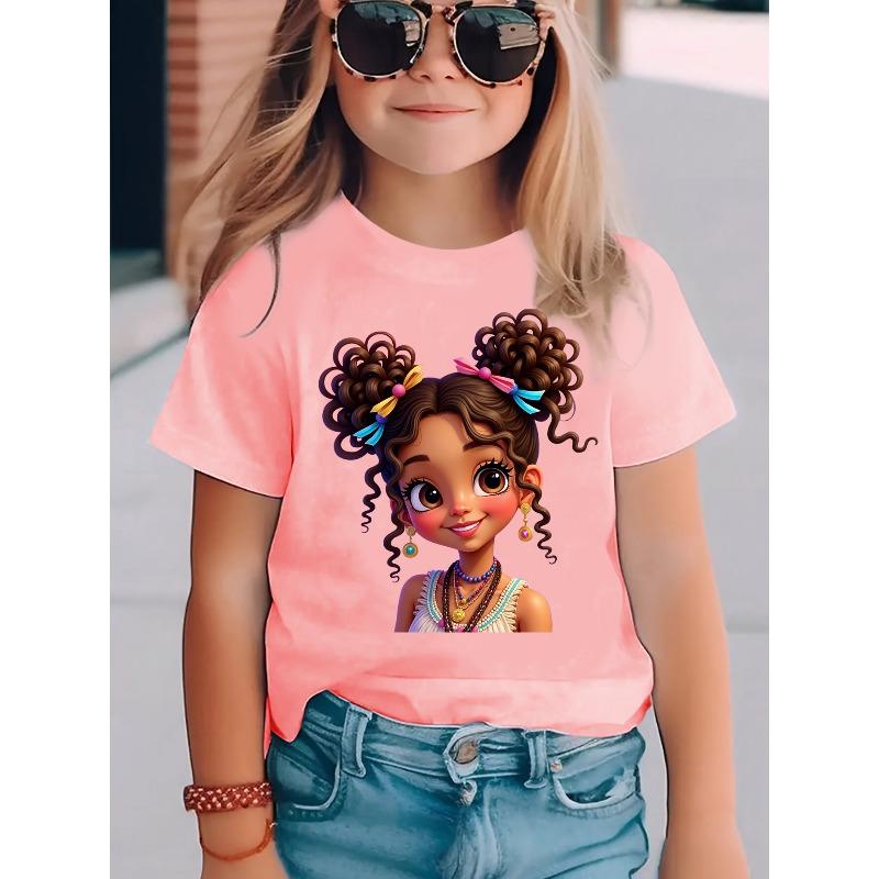 Girls' Short-Sleeve T-Shirt Double Ponytail Girl Cartoon Print Summer Fashion Casual Top with Earrings