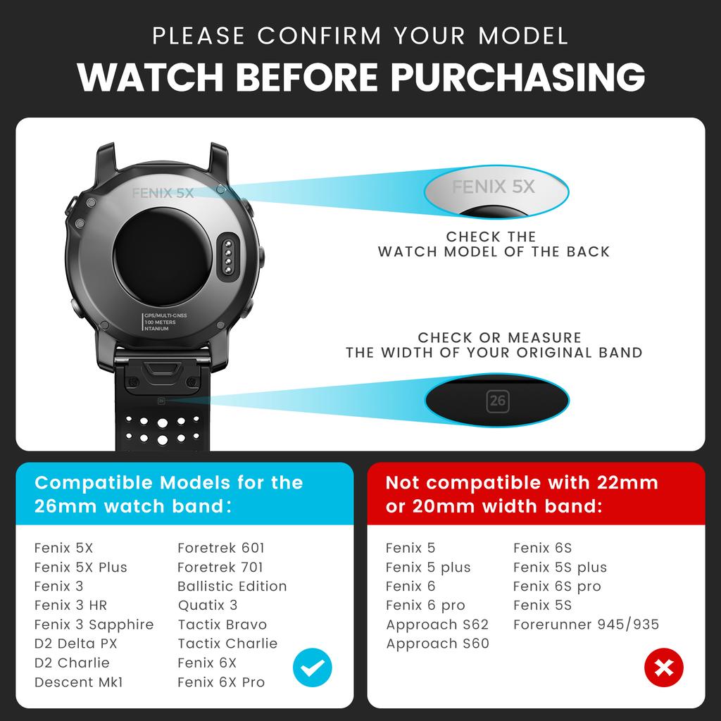Silicone Watchband for Garmin Fenix 5X/Fenix 3 26mm Easy Fit for Fenix 5X Plus/Fenix 6X/Fenix 6X Pro/2 Delta PX