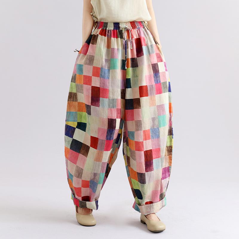 DIMANAF 2026 Autumn New Plus Size Women Long Pants Print Floral Cotton Linen Vintage Loose Elastic Waist Casual Lady Bottoms