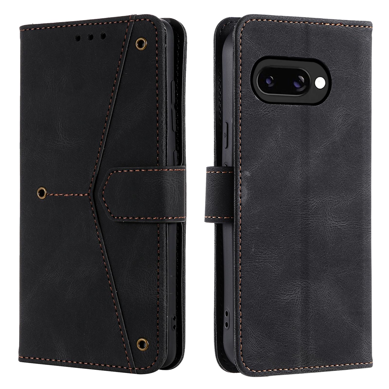 

For Google Pixel 9a Leather Case Splicing Stitching Wallet Stand Phone Cover with Strap Black