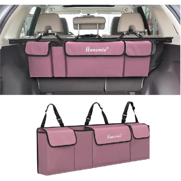 Hanemia Car Trunk Organizer, Backseat Hanging Storage With 4 Large Pockets, Collapsible Cargo Bag With Adjustable Straps Frees Trunk Floor, Sturdy