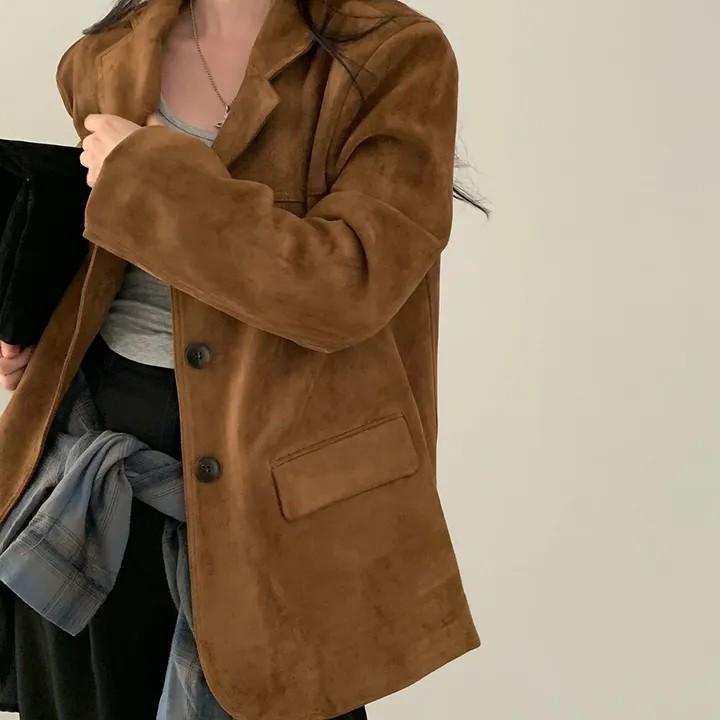 Vintage Korean Style Autumn Blazer Women Loose Fit Long Sleeve Coat with Double Pockets Elegant Office Wear