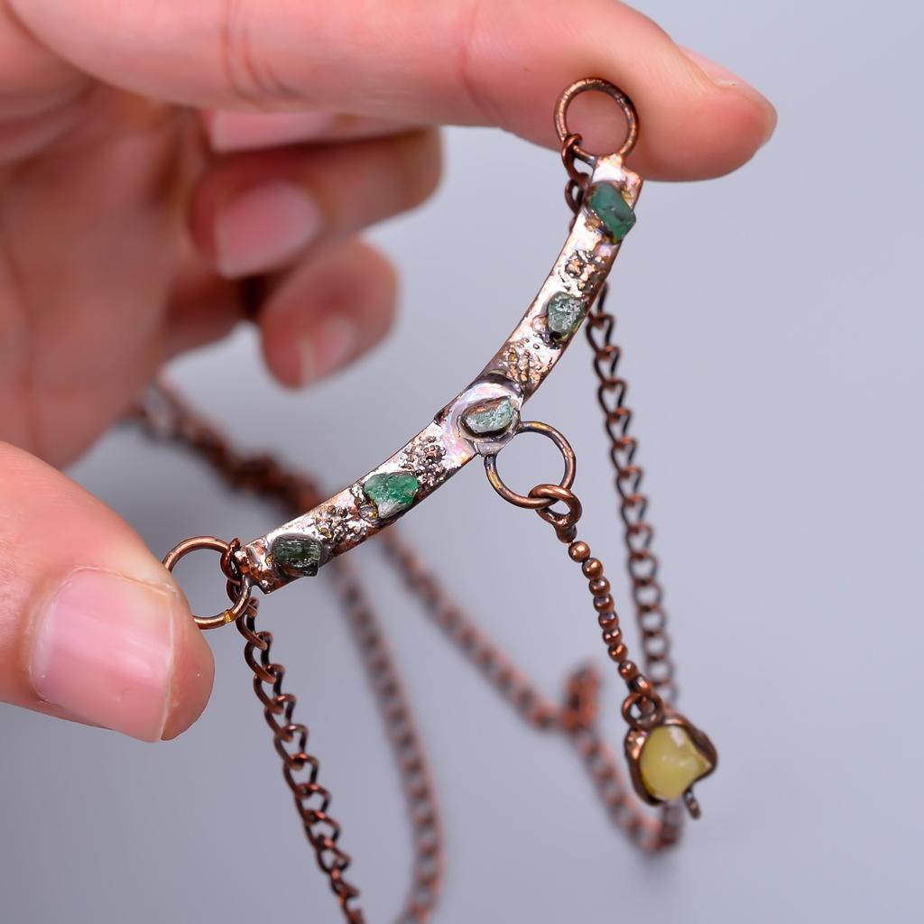 Ethiopian Opal Stone Copper Electroformed Sisters Day Chain Handmade Necklace V-78