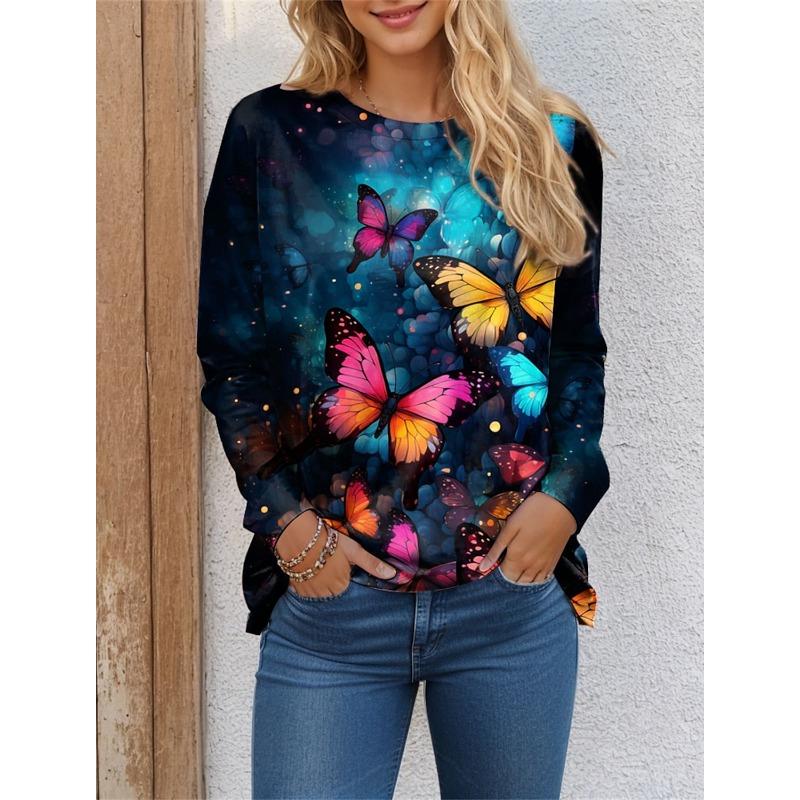 Autumn Women's T-shirt 3D Floral Butterfly Print Fashion Long Sleeve Round Neck Regular Tops Holiday Weekend Spring and Autumn Clothing
