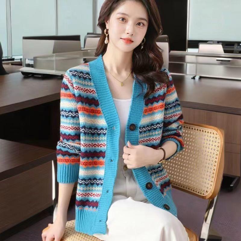 

Полосатый кашемировый кардиган женский с V-образным вырезом, повседневный, толстый, новый, весенний, новый, ретро, жаккардовый, шерстяной свитер, вязаная куртка 2XL озеро синий