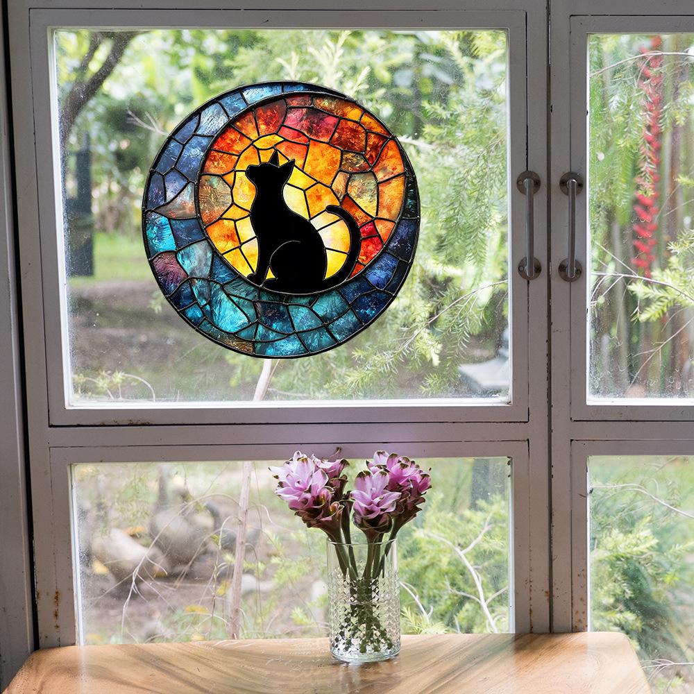 Fun-JD056 Creative Circular Black Cat Balcony Glass Window Home Decoration Electrostatic Uv Window Sticker