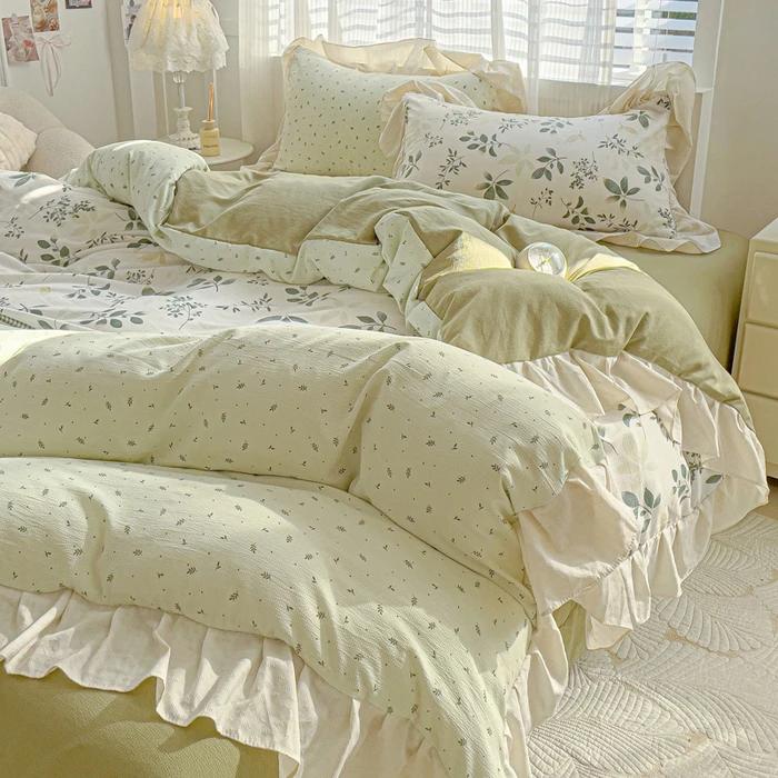 4pcs  Korean Lace Duvet Cover Set (1*Duvet Cover + 2*Pillowcase, Bed Sheet/fitted Sheet), Pink Checkered Print Bedding Set