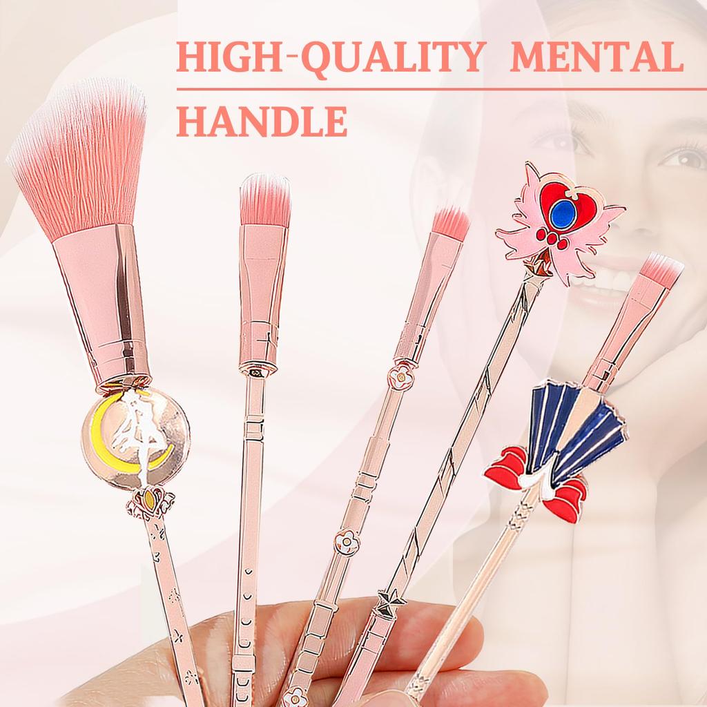 Cute 5-Piece Sailor Moon Makeup Brush Set, Fiber Bristles, Eyeshadow Brush, Eyebrow Brush, Powder Brush, Super Soft Makeup Brush