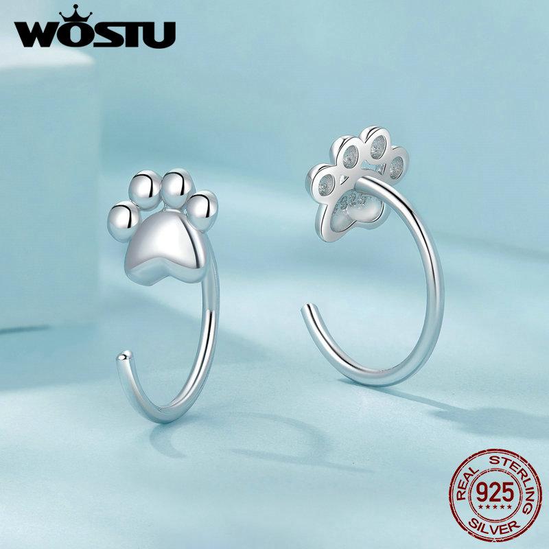 WOSTU Authentic 925 Sterling Silver Minimalist Pet Paw Stud Earrings Animal Hypoallergenic Earrings for Women Girls Jewelry Gift