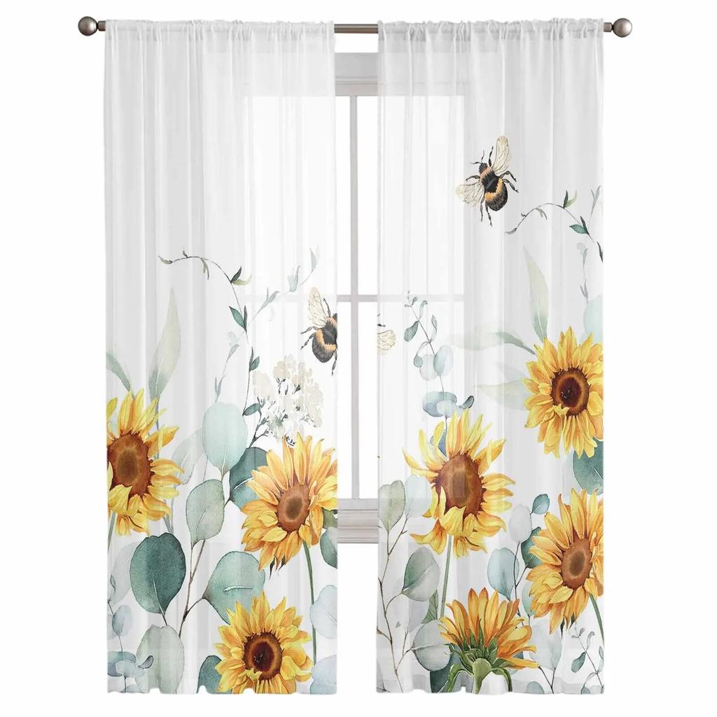 Idyllic Eucalyptus Sunflower Flower Tulle Curtains for Living Room Sheer Curtain for Bedroom Christmas Blinds Voile Curtains