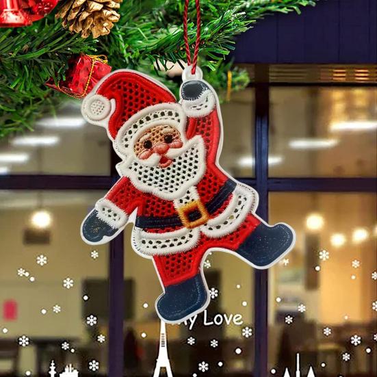 Christmas Ornaments 2D Acrylic Snowman Santa Claus Pendant Stitching Textured Xmas Tree Hanging Decoration for Holiday Tree Party Decor