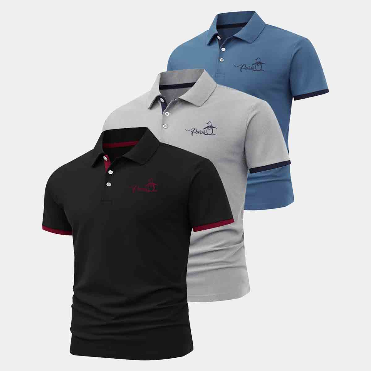 

Men s 3-Piece Polo Set: Moisture-wicking polo shirt with a stand-up collar, featuring a simple and stylish three-button, two-tone cuff design L