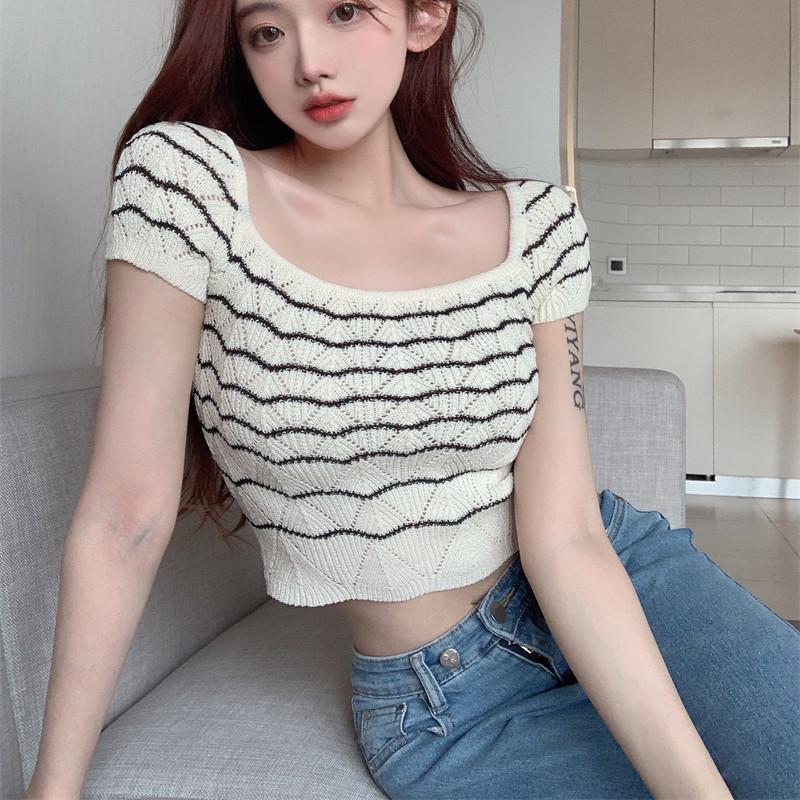 

Черно-белая полосатая трикотажная майка с квадратным вырезом, короткая облегающая футболка для ранней весны, рубашка для поездок на работу с короткими рукавами, повседневные облегающие свитера, футболки One Size
