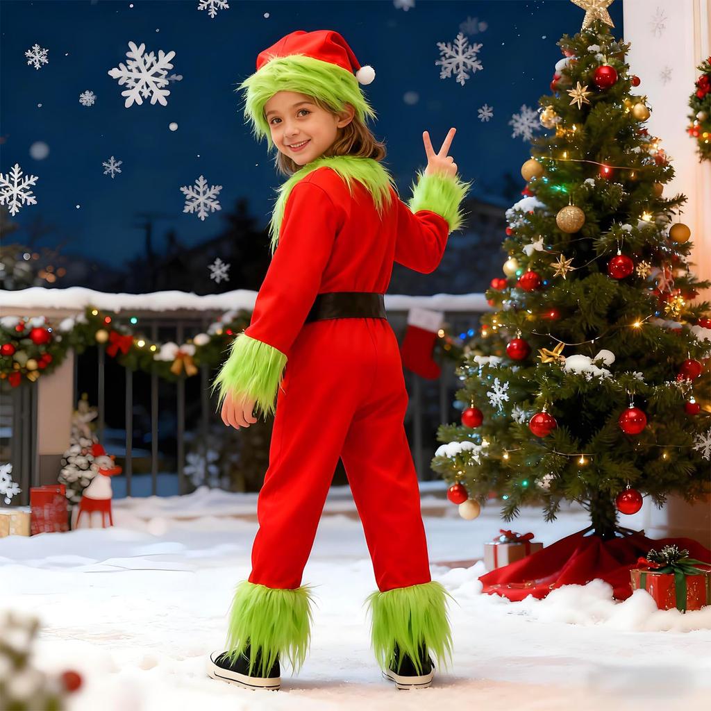Yi-gog Kids' Christmas Santa Costume, Green Monster Plush Jumpsuit, Santa Cosplay, 4-Piece Set with Dress, Santa Hat, and Belt, Perfect for Family