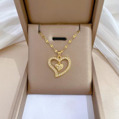 Double Love Zircon Light Luxury Temperament Gorgeous Full Diamond Necklace Female Versatile Collarbone Chain Titanium Steel Chain