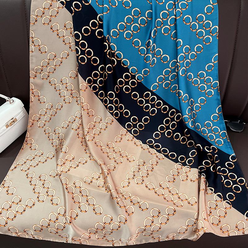 Light luxury metal ring blue large long scarf, high-end sunscreen extended printing silk scarf, imitation silk long silk scarf