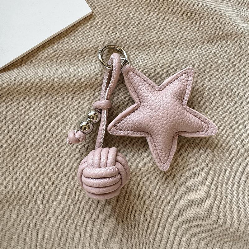 Leather Star Keychain Pentagram Car Keyring with Woven Leather Rope Ball Pendant Creative Bag Pendant Decoration for Women