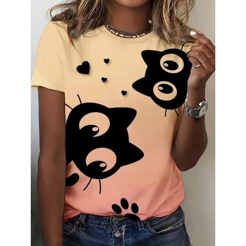 Modisches Damen Rundhals Kurzarm 3D Tier Farbdruck Tier Kurzarm Rundhals T-Shirt