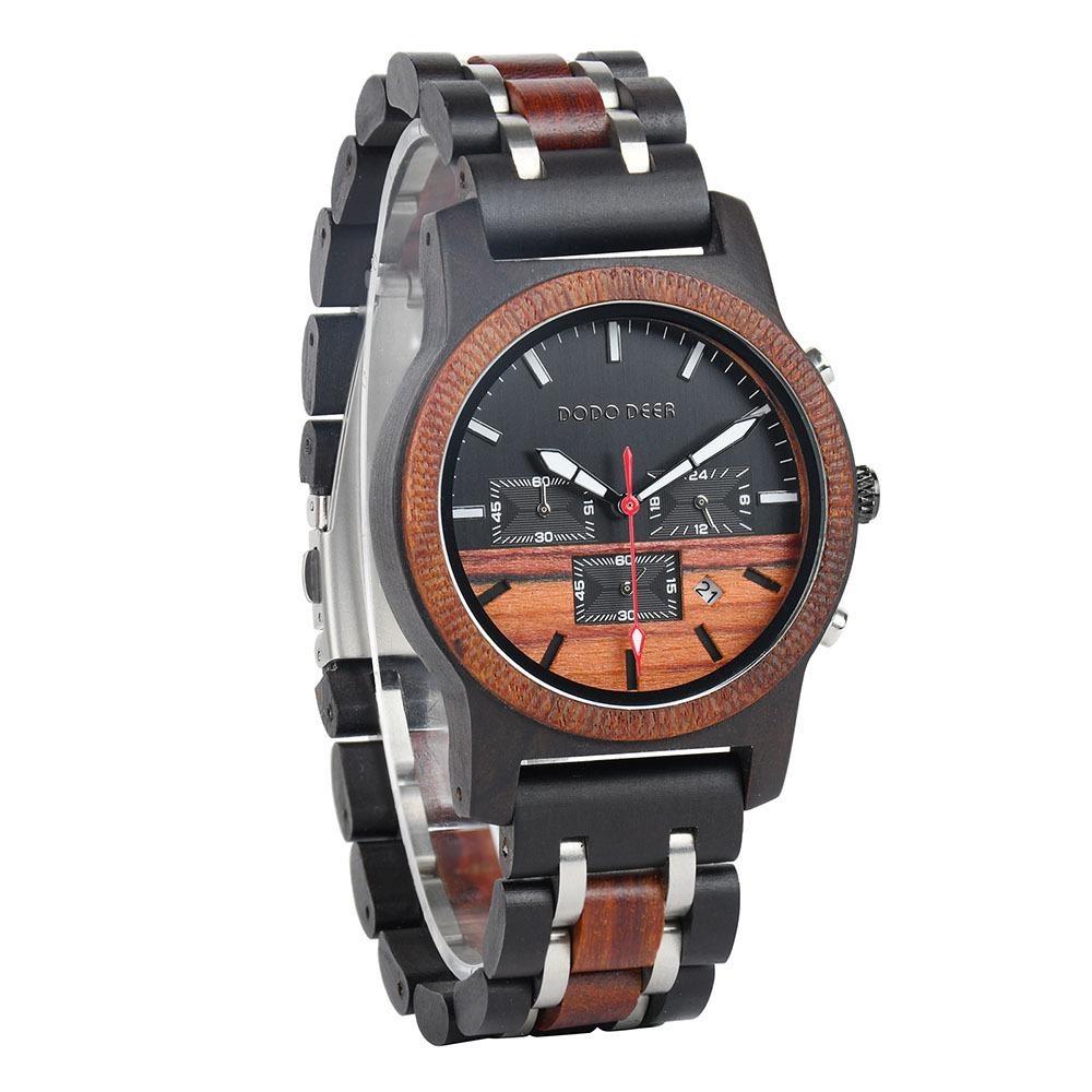 Wood Watch Multifunctional Luminous Calendar Chronograph 3-sub Dials Wooden Quartz Wristwatch Gift