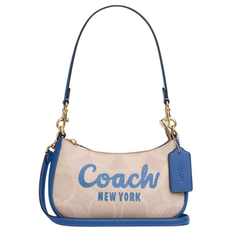 

COACH Teri 20 brand letter logo gold metal accessories coated canvas and leather crossbody shoulder bag small size women s beige and blue синій
