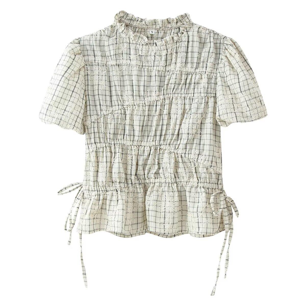 European and American style, new women s clothing, plaid embroidery bow top, plaid embroidery skirt S