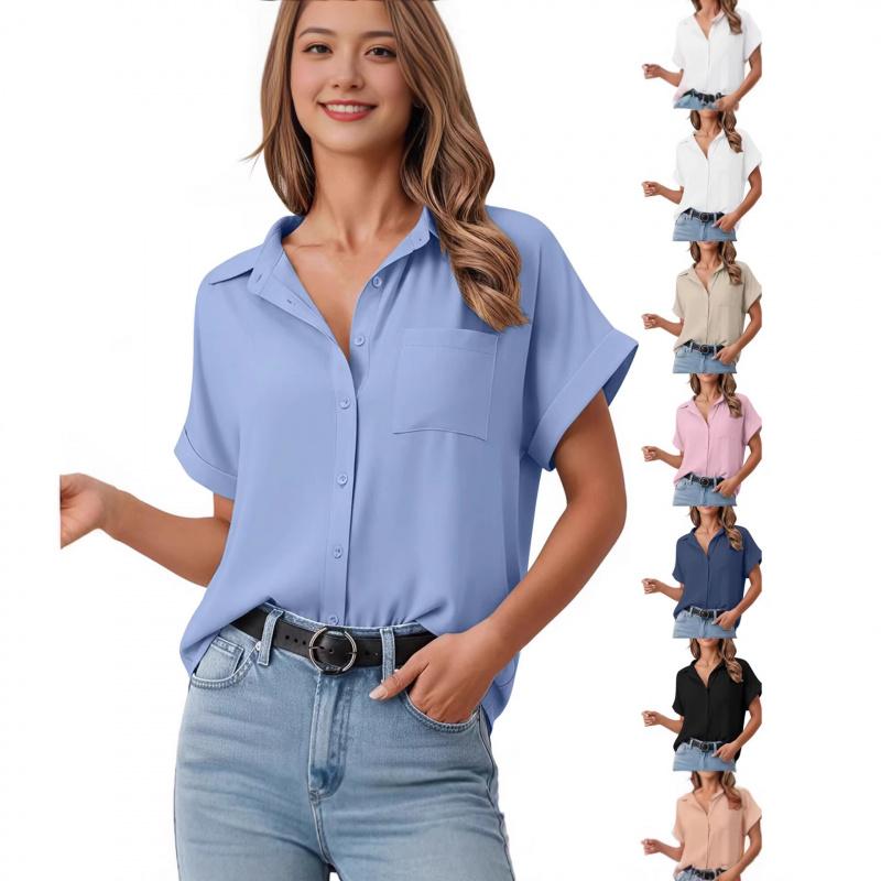 2026 Summer New Women's Loose-Fit Short-Sleeve Casual Solid Color Shirt